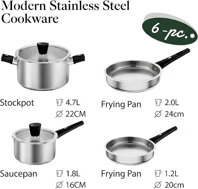 Meythway Stainless Steel Pots and Pans Set Non Toxic, 6PCs Kitchen Cookware Sets with Stay-Cool Handles, Dishwasher Safe&Compatible with All Stovetops(Gas,Electric&Induction) - Image 5
