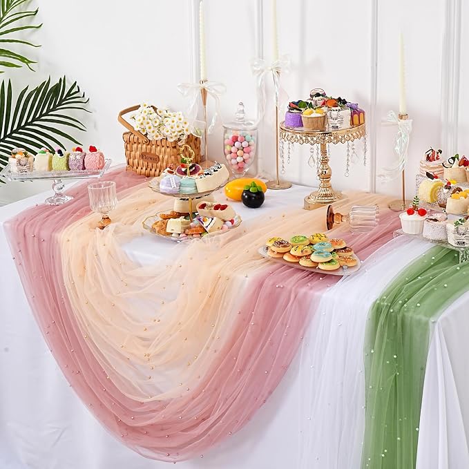 6 Pieces Pearl Tulle Table Runner 10ft Gauze Runners Champagne Desktop - Image 4