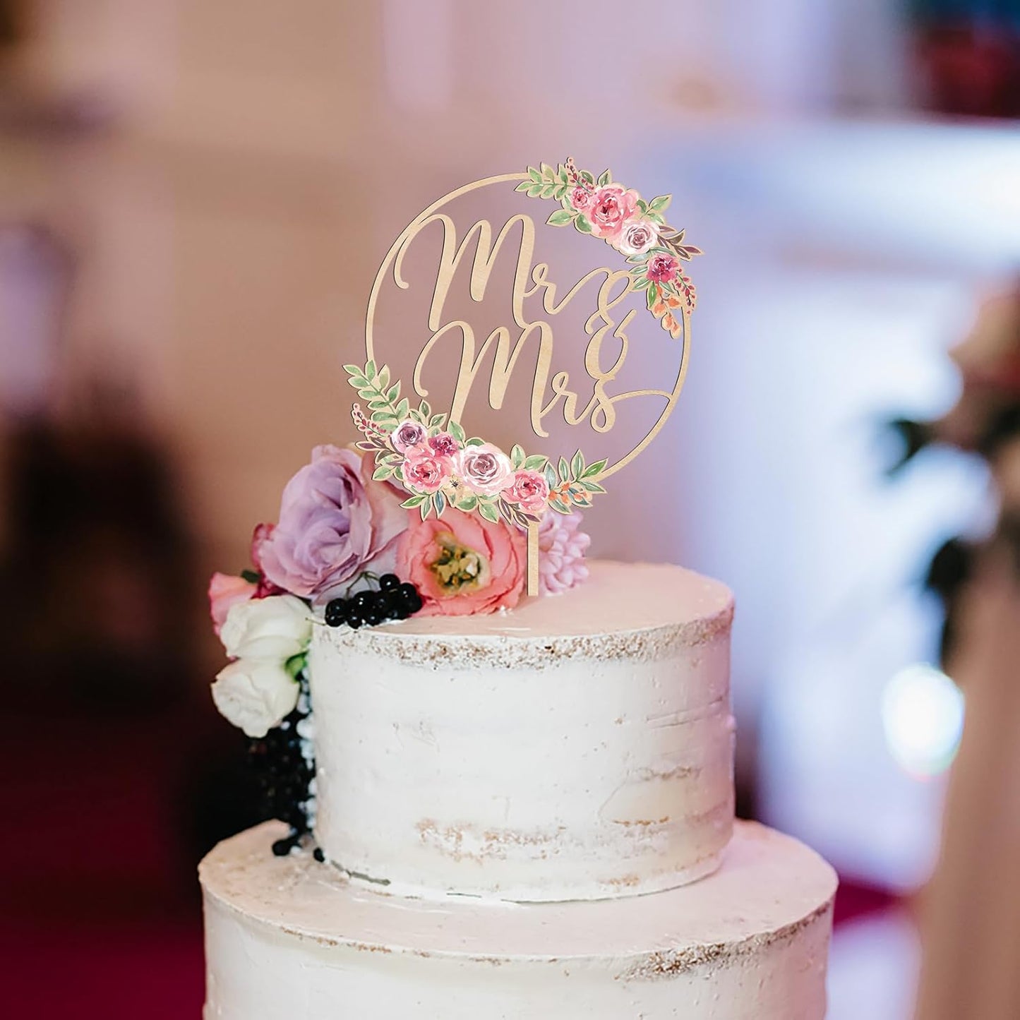 Mr & Mrs Cake Topper Floral Wedding Cake Topper in Wood (Design 01)