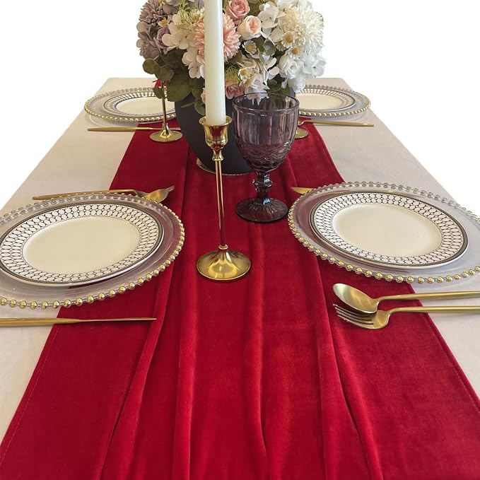 Velvet Table Runner, 10ft Luxurious Wedding Reception Decorations Soft Velvet Fabric Table Linen Overlay for Party (20 x 120 inch, Red) - Image 3