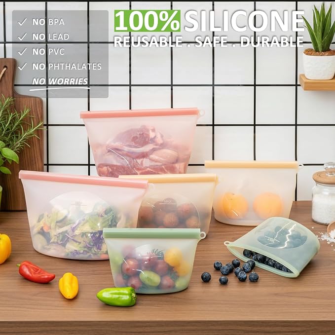 100% Reusable Silicone Bags for Food Storage, 12 Pack Double-Lock Reusable Bags Stand-Up Wide-Mouth Leakproof for Soup, Sous Vide, Freezer Microwave Dishwasher Safe, 4 Half Gallon 4 Sandwich 4 Snack - Image 3