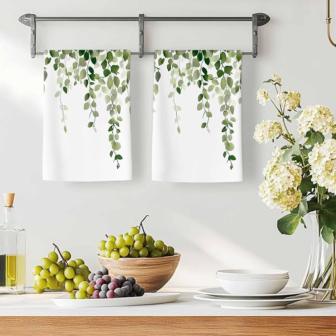 Sage Green Eucalyptus Kitchen Towels Set of 1, Absorbent Dish Towels for Kitchen, Spring Summer Botanical Plants Chic Microfiber Hand Towel, Quick Drying Tea Towel for Cleaning Decorative Dishcloths - Image 3