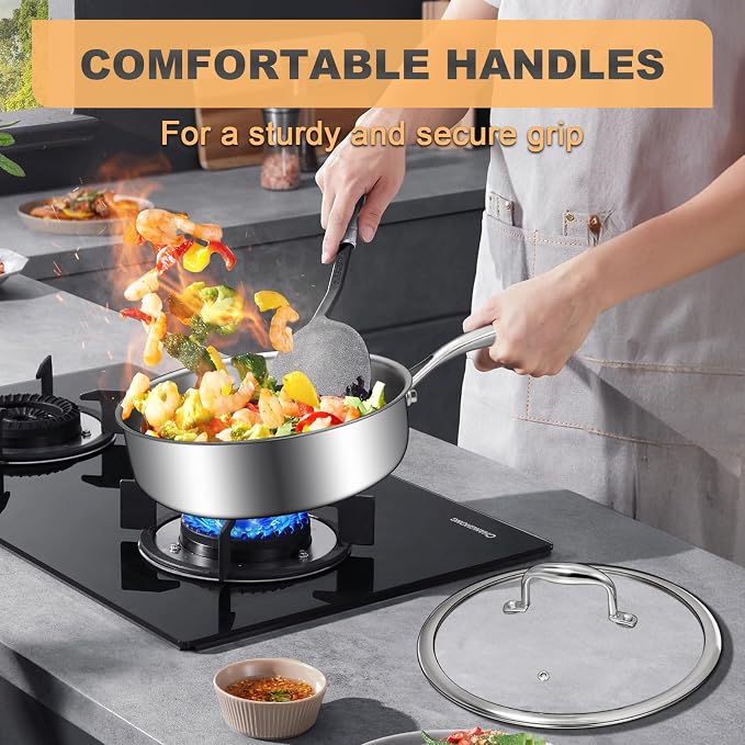 EWFEN Tri-Ply Stainless Steel Frying Pan 3QT, 10 Inch Deep Frying Pan with lids, Skillet, Induction Cooking Pan, Dishwasher and Oven Safe, Fast & Even Heat, Heavy Duty and Detachable Handle - Image 3