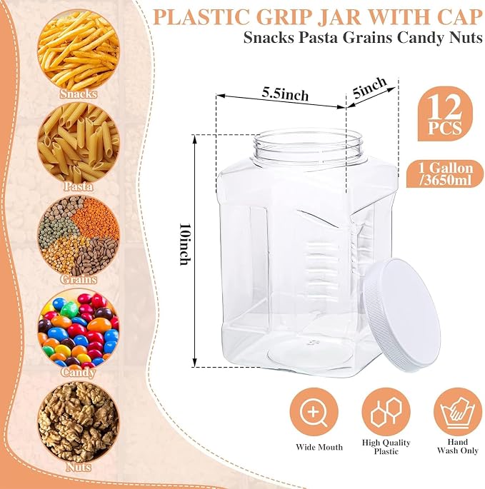 12 Packs 1 Gallon Plastic Grip Jar with Cap Clear Storage Containers Grip Jars Multi-use Empty Containers Household Dried Food Canisters BPA Free for Kitchen Fermentation Food Storage (White Lid) - Image 2