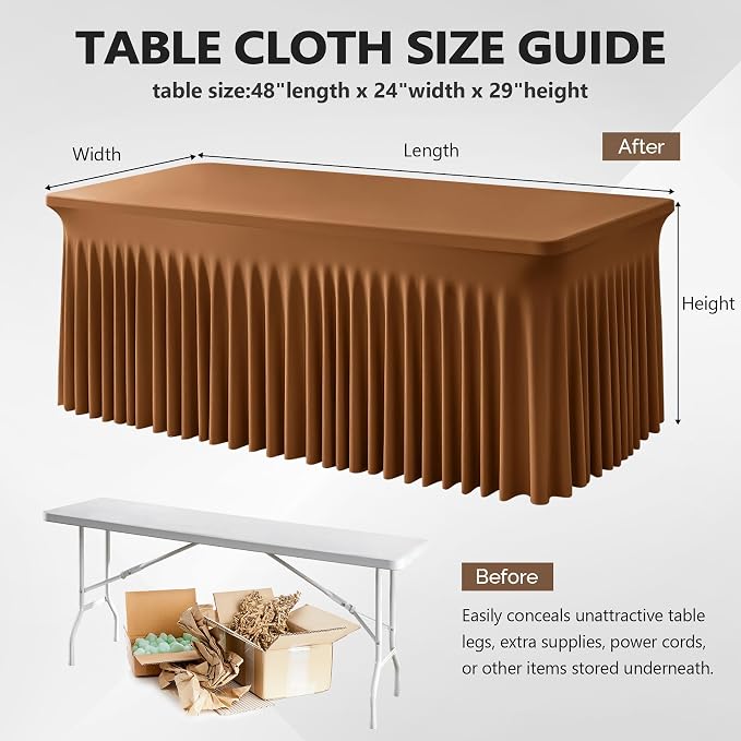 Wish Care 2 Pack Brown Spandex Table Clothes for 4 Foot Rectangle Tables, 4FT Wrinkle Free Fitted Tablecloths Ruffles Design Table Cover for Party, Banquet, Wedding and Events - Image 3