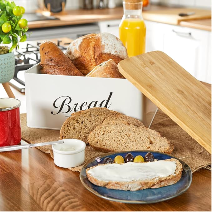 Modern Metal Bread Box with Bamboo Cutting Board Lid | Bread Storage Container for Kitchen Counter, Vintage Kitchen Decor Organizer - Image 5