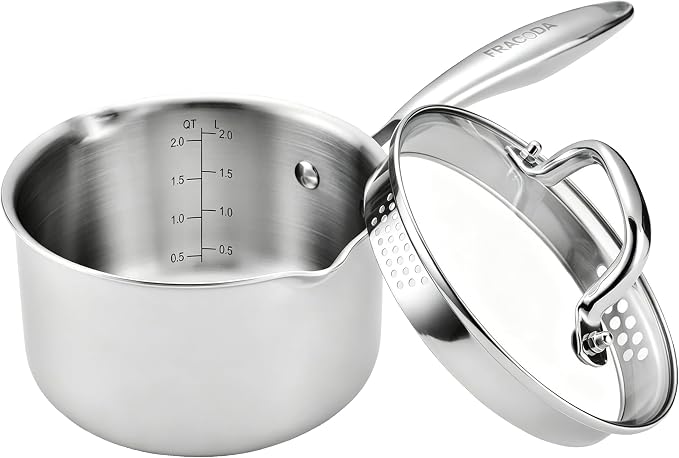 1.0 Quart Stainless Steel Pot Saucepan with Glass Strainer Lid, Sauce Pot with Two Side Spouts, Induction Cooking Pot, Multipurpose Sauce Pan with Lid for Cooking by Fracoda