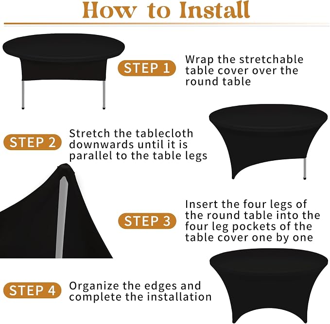 HAISIWLKJ 6Pcs 6FT Black Round Spandex Tablecloth 72 inch Stretchable Table Cover Tight Fit Stretch Tablecover Wrinkle Resistant Washable Table Cloth for Weddings Birthday Banquets Parties Festival - Image 5