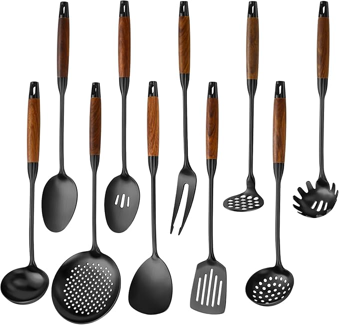 Izurok 18/10 Stainless Steel Kitchen Utensils Set,10 Piece Cooking Utensils With Wood Handle,Heat Resistant Kitchen Tool Set With Spatula,Spoon,Ladle,Skimmer,Slotted Turners,Pasta,Turner,Ladl,Fork by IzurokBuynow