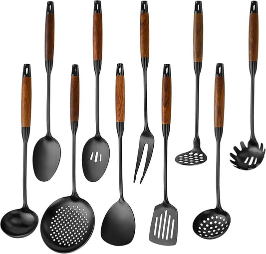 Izurok 18/10 Stainless Steel Kitchen Utensils Set,10 Piece Cooking Utensils With Wood Handle,Heat Resistant Kitchen Tool Set With Spatula,Spoon,Ladle,Skimmer,Slotted Turners,Pasta,Turner,Ladl,Fork by IzurokBuynow