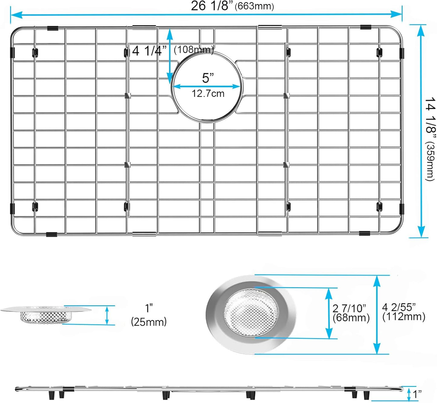 iPEGTOP Sink Bottom Grid, 3-Piece Stainless Steel Sink Protector 26-1/8" x 14-1/8" Rear Drain Hole, Sink Grate Sink Rack for Bottom of Kitchen Sink Single Sink Bowl with Sink Hole Cover