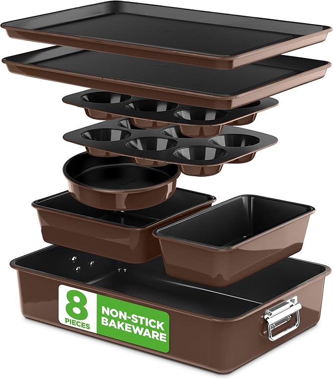 NutriChef 8-Piece Nonstick Stackable Bakeware Set - PFOA, PFOS, PTFE Free Baking Tray Set w/Non-Stick Coating, 450°F Oven Safe, Round Cake, Loaf, Muffin, Wide/Square Pans, Cookie Sheet (Brown) by NutriChef%E2%84%A2Kitchen