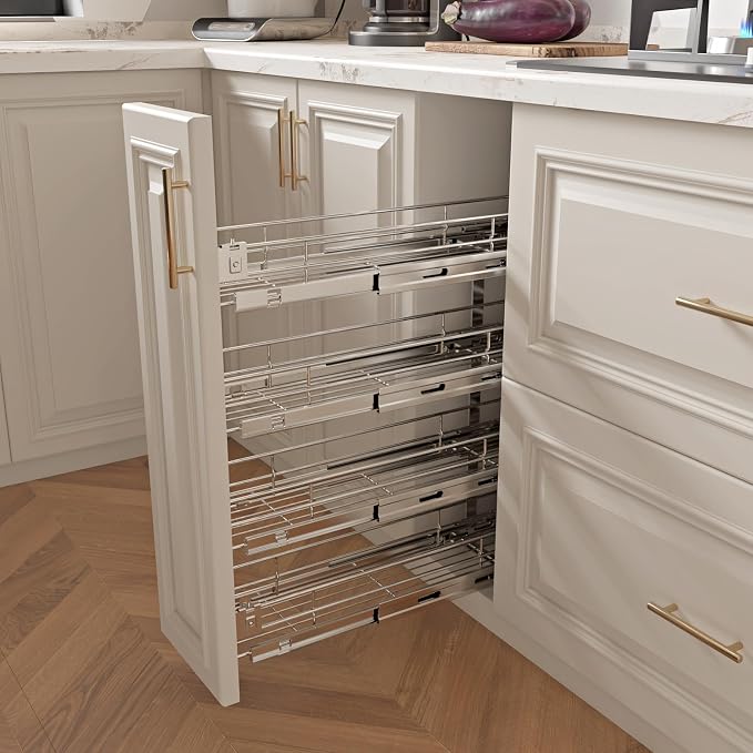 Sikarou 4-Tier 5" W x 21" D Narrow Pull Out Cabinet Organizer, Roll out Spice Rack Holder Shelve, Slide Out Slim Storage Wire Baskets for Storage Organization - Image 7