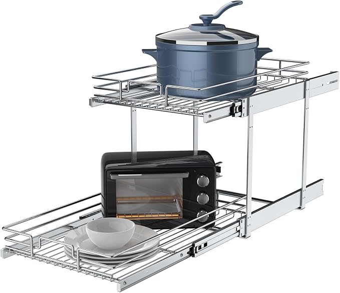 2 Tier Pull Out Cabinet Organizer, 23" W x 21" D Heavy-Duty Metal Sliding Drawer Shelf for Kitchen Cabinets, Chrome, Doesn't Include Door Fittings by Pulloutor