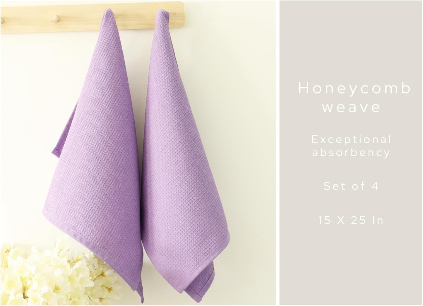 PurpleEssences Waffle Weave Kitchen Towel, 100% Cotton - 15 x 25 Inches, with Hanging Loop Ultra Soft Absorbent Quick Drying Dish Cloth, Tea and Hand Towels, 4 Pack - Spring Summer - Lavender
