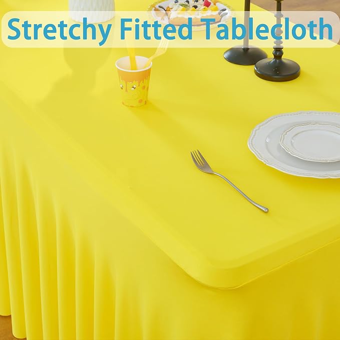 4 Pack Yellow Spandex Tablecloths for 8 Foot Rectangle Tables, Wrinkle Free Lemon Fitted Tablecover 8ft Stretchy Table Clothes with Skirt for Weddings Birthday Party Banquet Baby Shower - Image 2