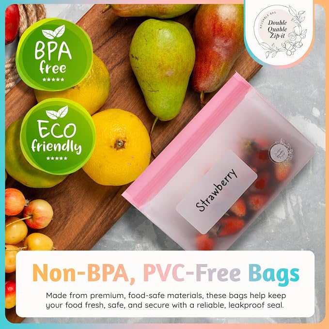 Reusable Food Storage Bags – 10-Pack Stand-Up, BPA-Free, Freezer, Dishwasher Safe, & Eco-Friendly– 5 L, 5 M Bags – Airtight Leakproof Sandwich, Snack, Travel & Make-Up baggies (Multicolor) - Image 4
