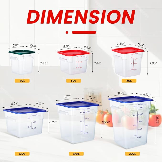 4 Pack 6QT Square Food Storage Containers with Lids | Clear NSF polycarbonate containers with scale, label and measuring cup, stackable for prep, storage, freezer. Dishwasher safe - Image 7