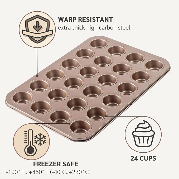 HAPPIELS 24 Cup Mini Muffin Pan Nonstick, PFOA & BPA Free | | Non-Toxic - High Carbon Steel - Gold - Small Cupcake Tin for Oven Baking - Image 6