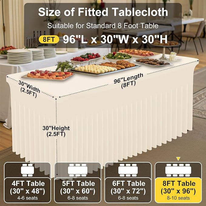 Smiry Spandex Tablecloth 6 Pack, Elastic Fitted Stretch Tablecloth for 8FT Rectangle Tables, Waterproof Washable Table Cover Skirt for Wedding, Banquet & Parties (Beige, 96Lx30Wx30H Inch) - Image 4