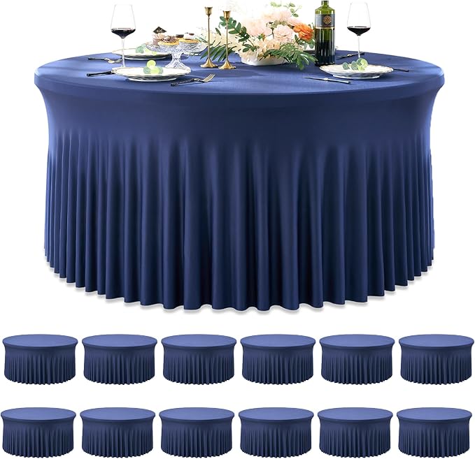 12 Pack Navy Blue Spandex Round Tablecloths for 60 inch Table, Wrinkle Free Stretchy 120inch Fitted 5FT Round Table Cloths Cover with Skirt for Wedding Birthday Party Banquet Events by Htper