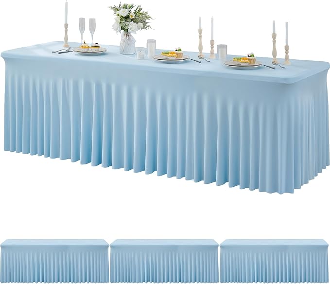 3 Packs Baby Blue Spandex Tablecloths for 8 Foot Rectangle Tables, Stretchy Fitted 8FT Blue Table Skirt for Wedding Party, Wrinkle Free Tablecloths for Banquet Wedding Birthday Party by Htper