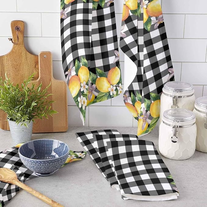 Summer Lemon Flower Kitchen Towels Microfiber Cleaning Cloths, Black White Buffalo Plaid Soft Dish Towels for Kitchen, Pack of 4 Absorbent Hand Towels Reusable Tea Towels Bar Towels 18x28 Inch - Image 3
