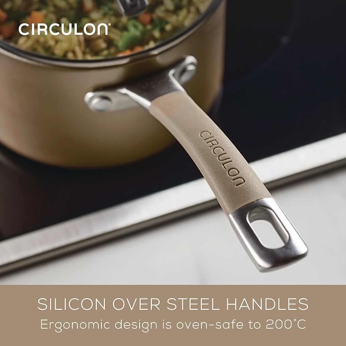 Circulon A1 Series with ScratchDefense Technology Nonstick Induction Pots and Pans, Metal Utensil Safe, Includes Splatter Guard, Slotted Turner and Silicone Trivets, 10 Piece Cookware Set - Champagne - Image 5