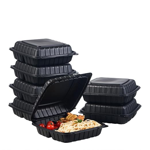 FULING 9X9 3-Compartment 50-Pack Plastic Clamshell Takeout Food Trays Heavy Duty Togo Disposable Box For Pasta Salad Sandwich Carryout Hinged Containers With Secure Snap Lid by FULING