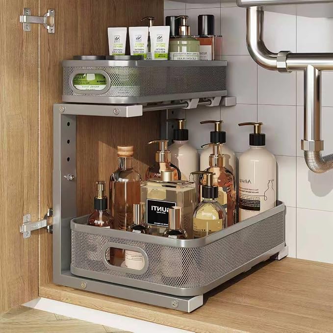 1 Pack 15.7IN-Depth Under Sink Organizer With Smooth Cylindrical Rail,2-Tier Pull Out Multi-Purpose Cabinet Storage for Bathroom&Kitchen,Height Adjustable,Rust-resistant Coating-Gun Gray by UnderSinkOrganizer