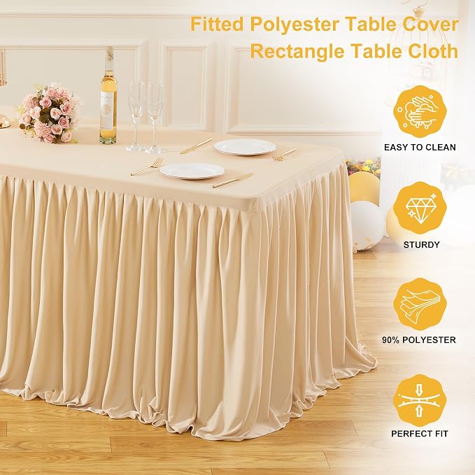 Wish Care Deep Champagne Polyester Table Clothes for 8 Foot Rectangle Tables, Wrinkle Free Fitted Table Cover with Pleated Ruffle Table Skirt for Birthday Party Wedding Trade Show Event Display - Image 4