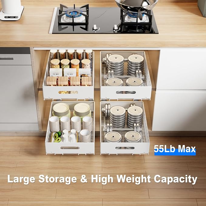 MUSTORN 2 Pack Pull Out Cabinet Organizer, Slide Out Cabinet Drawers Peel and Stick Pull Out Drawers Heavy Duty Pull Out Shelf for Kitchen, Cupboard, Pantry, Bathroom (16.5" D*11.8" W*3.94" H-White) - Image 2
