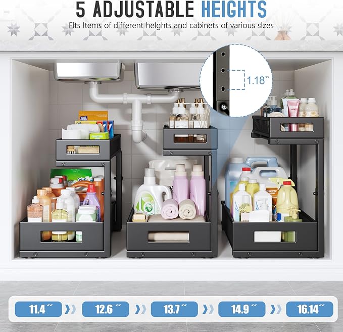 2 Pack 17IN Depth Under Sink Storage Organizer, Large 2-Tier Elegant Mesh Pull Out Shelf for Kitchen and Bathroom Cabinet Organization, L-Shaped and Adjustable Height Design-Black - Image 5