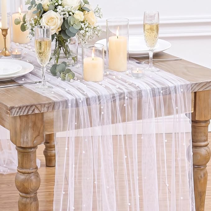 Pearl Gauze Table Runner Tulle Centerpieces Fabric White 10ft Wedding by LuoluoHouse