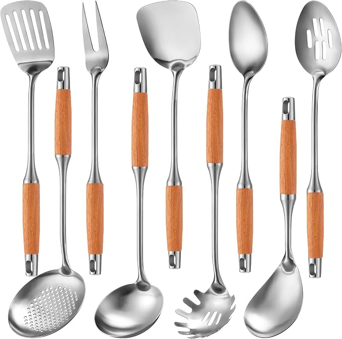 Teenyyou 9 Pcs 304 Stainless Steel Utensils Set with Wood Handle Metal Cooking Tool Spatula, Solid Spoon, Slotted Spoon, Fork, Ladle, Skimmer, Slotted Spatula Spaghetti(brown,wooden) by Teenyyou