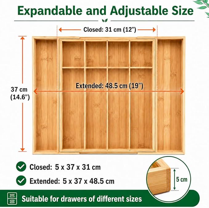 MASS DYNAMIC Cutlery Drawer Organizer Expandable Bamboo Utensil Tray, Adjustable Silverware and Flatware Holder, Compact Storage for Spoons, Forks, Knives - Ideal for Kitchen and Office Supplies - Image 2