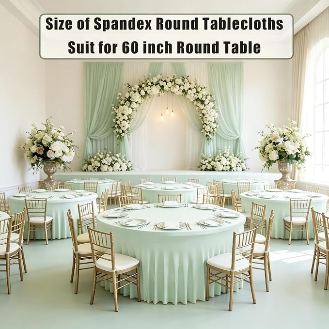 10 Pack Ivory Green Spandex Round Tablecloths for 60inch Tables, 120 Inch Stretchy 5ft Round Fitted Tablecloth Wrinkle Free Washable Table Cloths Covers with Skirt for Wedding Party Birthday Banquet - Image 3