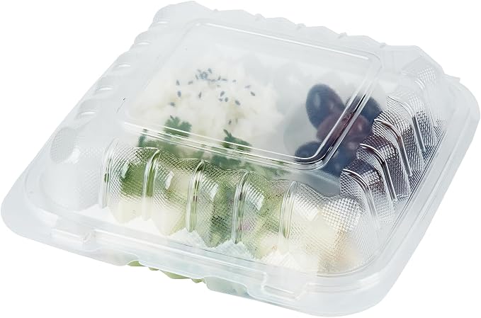 Restaurantware-Chef 101 30 Ounce Hinged Clamshell Containers, 100 Disposable Take Out Boxes - 3 Compartments, Secure Lids, Clear Meal Prep Containers, Microwavable, For Pasta Or Salads - Image 2