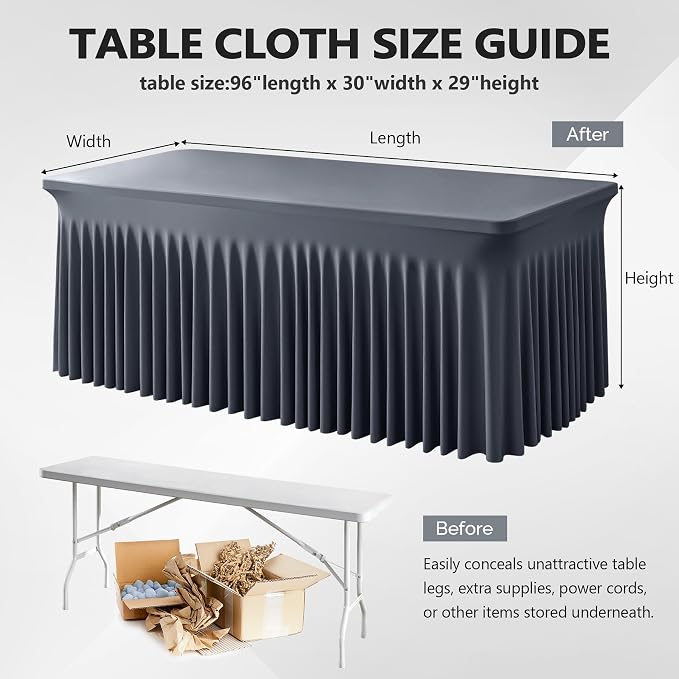 Wish Care 6 Pack Gray Spandex Table Clothes for 8 Foot Rectangle Tables, 8FT Wrinkle Free Fitted Tablecloths Ruffles Design Table Cover for Party, Banquet, Wedding and Events - Image 3