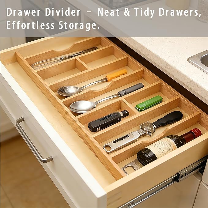 Silverware Drawer Organizer - Trim-to-Fit with Adjustable Dividers for Kitchen Utensil Storage, Beech Wood Frame with 11 Sizes (24" W x 22" D) - Image 3
