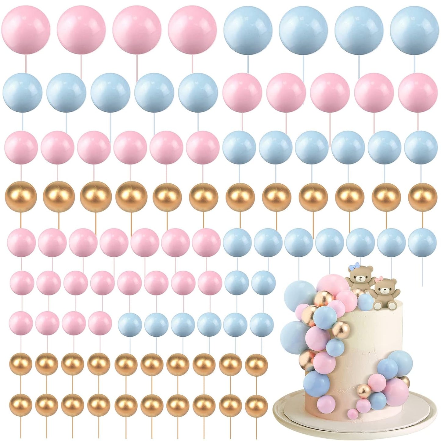 108 Pcs Balls Cake Topper DIY Cupcake Insert Foam Balloons for Cake Baking Wedding Anniversary Birthday Decoration(Pink, Blue, Gold,Multi Sizes)