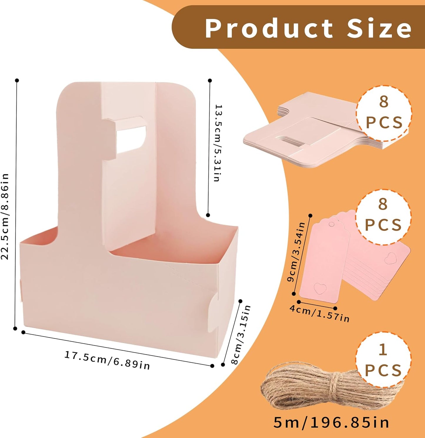 2 Cup Drink Carrier,8 Pack Coffee Cup Holders with Handle,Cardboard Cup Holders for Hot or Cold Drinks,Coffee Carrier with Ribbon and Card,Food Delivery Services and Bouquet(Pink)