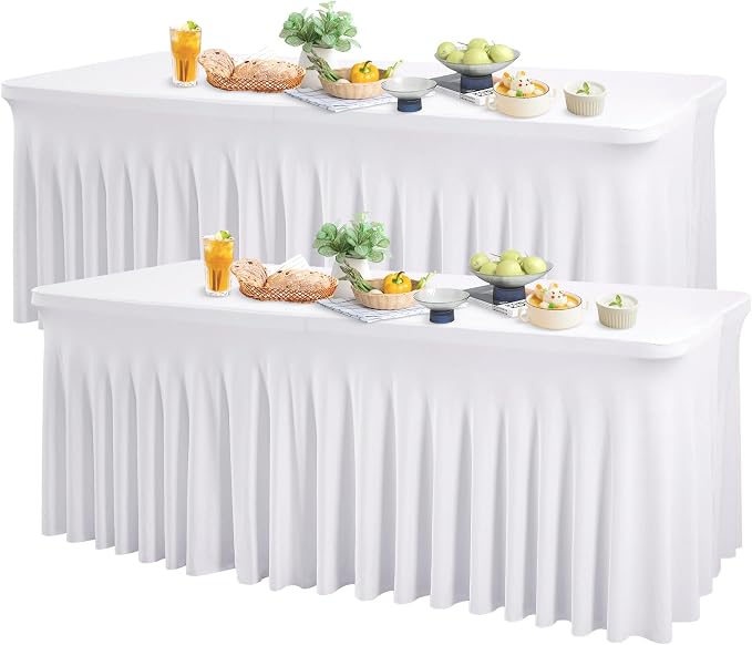 Wish Care 2 Pack White Spandex Table Clothes for 6 Foot Rectangle Tables, 6FT Wrinkle Free Fitted Tablecloths Ruffles Design Table Cover for Party, Banquet, Wedding and Events by WishCare