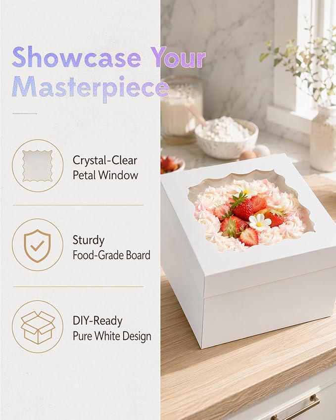 qiqee White 12"x12"x8" Cake Box 36Pcs, 12" White Cake Round Boards 36Pcs, for Cake, Treat Cookie Dessert, Pastry, Birthday Party - Image 5