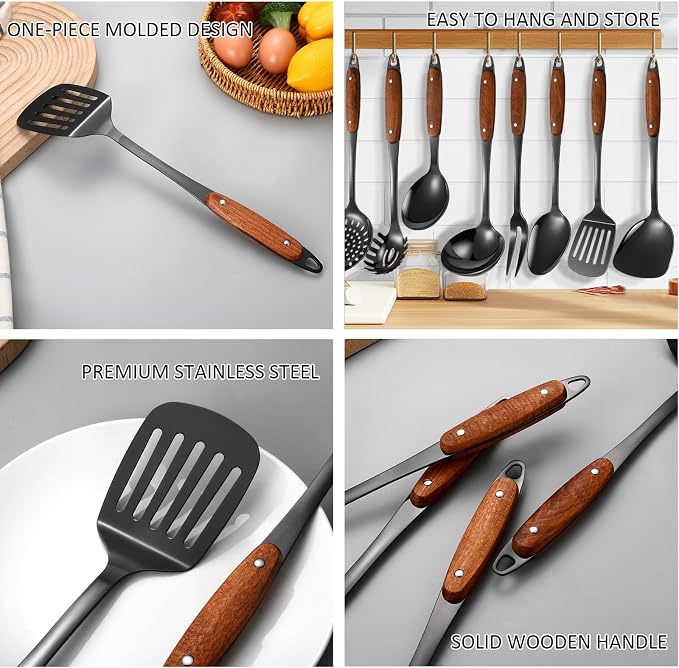 304 Stainless Steel Cooking Utensils Set,9PCS Metal Kitchen Utensils Set with Wooden Handle,Solid Spoon,Spatula,Ladle,Skimmer,Spaghetti Spoon,Dishwasher Safe(Black) - Image 5