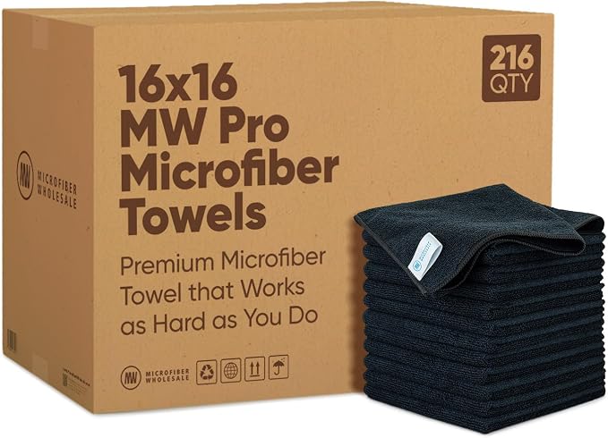 Microfiber Wholesale 16" x 16" Pro Multi Surface Microfiber Towels Bulk | Case: 216 Qty (Black) by MicrofiberWholesale