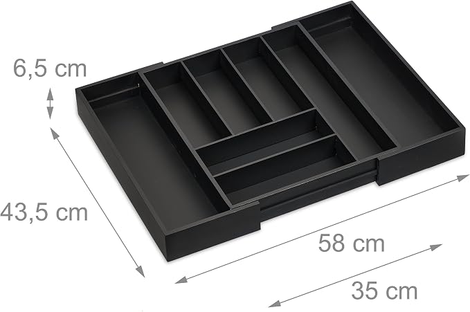 Relaxdays Extendable Cutlery Tray, Bamboo, 6-8 Compartments, HWD: 6.5 x 35-58 x 43.5 cm, Kitchen Drawer Insert, Black, Fibreboard, 6.5 x 35 x 43.5 cm - Image 2