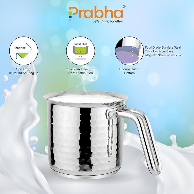 Prabha Stainless Steel Milk Pot With Handle 11cm 1.1 Litre | Hammered Milk Boiler Glass Lid Steam Vent | Tea Container Water Boiling | Coffee/Milk Warmer, Even & Faster Heating | Induction & Gas Stove - Image 7