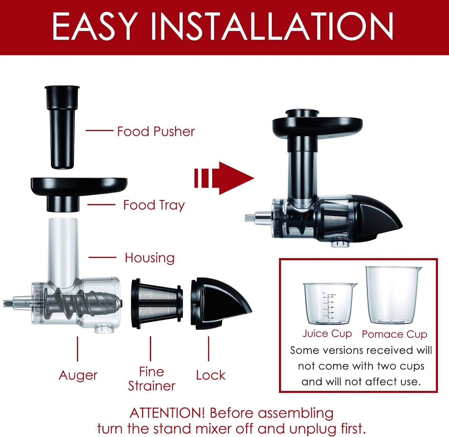 Masticating Juicer Attachment for KitchenAid All Models Stand Mixers, Masticating Juicer, Slow Juicer Attachment for KitchenAid All Models Stand Mixers, Black(Machine/Mixer Not Included)