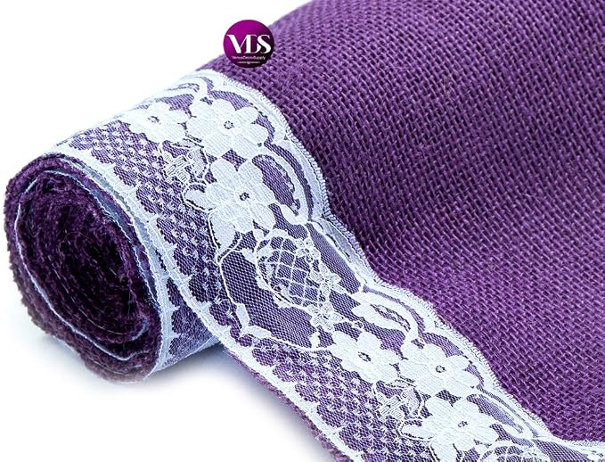 VDS Pack of 10, Burlap Table Runner with White Lace Edge, 100% Natural Jute Rustic Hessian Table Cloth Centerpiece for Wedding Birthday Party Banquet Table Decoration (Size 12X108 Inch)(Lavender) - Image 5